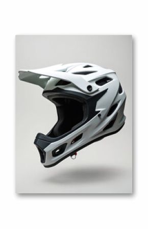 White mountain bike helmet. Protective headgear for off-road adventures. Modern design for cycling sports. Safety gear for trail, motocross, downhill. Helmet protects head from impact during fast