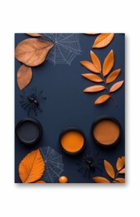 Halloween Flatlay with Spiders Webs and Candy on Dark Background
