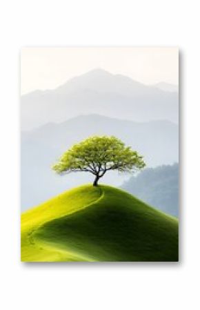 Solitary Tree on a Green Hill Against a Misty Mountain Background