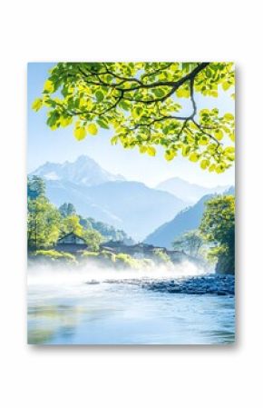 Misty Mountain Village River Scene at Sunrise