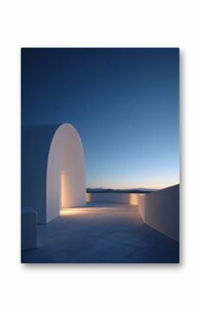 Serene Architecture: Minimalist white building with archway under a twilight sky, overlooking distant mountains. Peaceful and dreamlike scene.