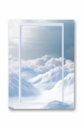 A serene winter landscape depicting soft, snowcovered mountains set against a clear and calm blue sky