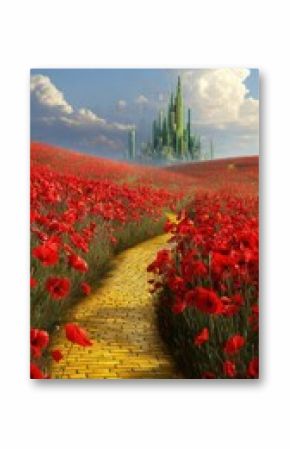 A stunning image of stunning image of stunning image of yellow brick road leading through poppy field to green emerald city in the distance. Wizard of Oz concept.
