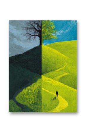 Split image showing contrasting landscapes: dark, leafless tree on a grey hill, and lush green hill with a leafy tree and person walking a path, symbolizing life choices and transitions