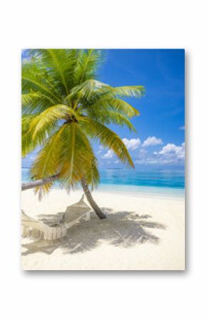 Picturesque tropical beach background as summer relax landscape with beach swing or hammock white sand calm sea sunny sky design. Amazing beach scene vacation summer holiday. Luxury panoramic travel
