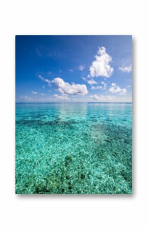 Breathtaking tropical ocean seascape sunny blue sky fluffy clouds. Amazing horizon sea view. Tranquil serene nature scenes travel inspiration relaxing coastal background. Summer nature, Earth panorama
