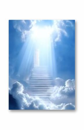 Stairway ascending toward an open door in the sky, with bright light streaming through fluffy clouds, evoking a sense of hope and inspiration in a serene, ethereal atmosphere