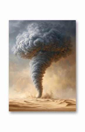 Dramatic tornado forming over golden desert dunes under stormy skies