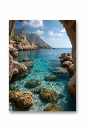 Serene coastal scene with clear blue sea visible through rocky cave