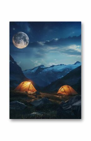 Camping tents under full moon and stars