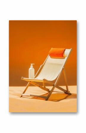 White and orange cushion beach chair with a bottle of sunscreen, low angle angle shot, sunscreen commercial poster style, sunscreen lotion commercial photography, minimalist