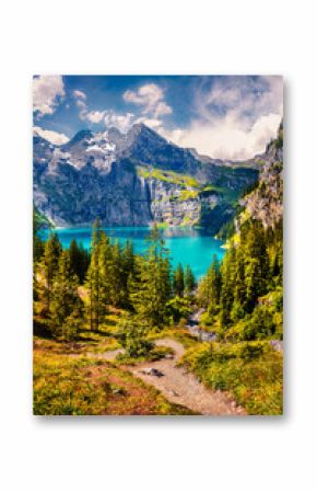 Picturesque summer view of unique Oeschinensee Lake