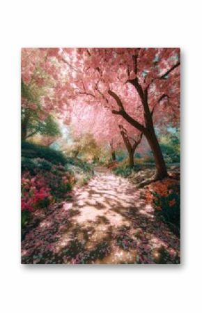 Beautiful Cherry Blossom Path in Spring Filled With Pink Petals and Blooming Flowers.