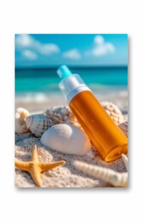 Sun-kissed beach setting with sunscreen bottle nestled among seashells on sandy shore