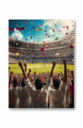Fans celebrating victory in a cricket match. Crowd cheering and supporting a cricket team in a cricket stadium full of crowd