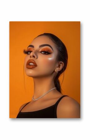 Young hispanic female with dramatic makeup and orange background