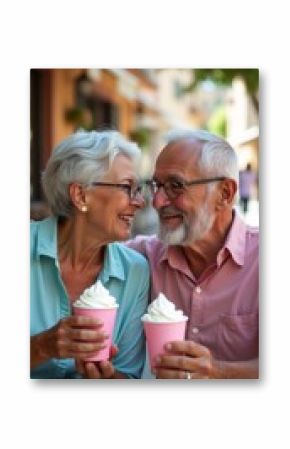 Joyful elderly couple sharing ice cream