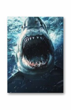 Close-up of a shark with its mouth open in the water. Useful for documentaries about marine life and nature.