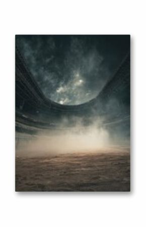 Stunning photo of empty arena large amount smoke rising from ground desolate rodeo.