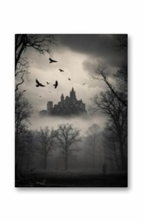 Spooky haunted castle in a dense forest with bare trees and dark fog, flying crows indicate Halloween. Scary scene.