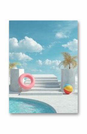 Stunning photo of 3d scene design for summer product display. Concrete stair podium with swimming ring and beach ball beside water. Concept of island beach or swimming pool.