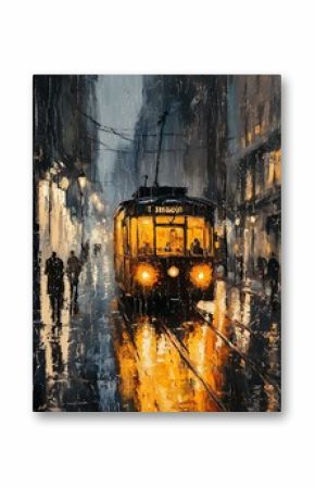 Oil painting of vintage tram on rainy city street with reflections