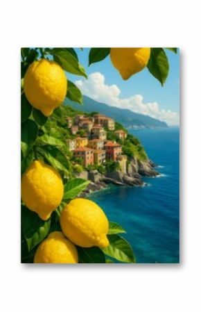 Juicy lemons on a tree branch overlooking the colorful Amalfi Coast, Italy Mediterranean summer