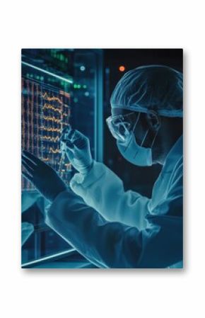 Forensic expert analyzing molecular data in high-tech lab digital environment scientific investigation close-up perspective