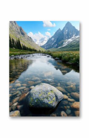 Clear alpine river mountain landscape wildflower meadow rocky foreground blue sky snow peak tranquil summer