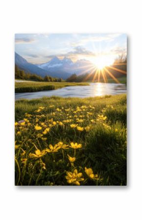 Yellow wildflower meadow alpine river snow mountain sunrise lush grass spring landscape peaceful scenic view
