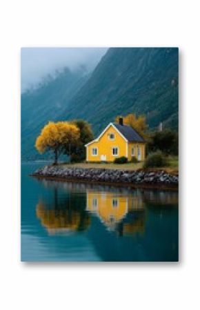 Bright yellow house near a calm lake surrounded by mountains and autumn trees during a cloudy day