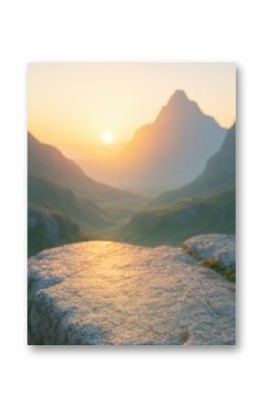 Sunrise Over Mountain Valley with Rock Foreground and Soft Golden Light  for natural products and seasonal showcases