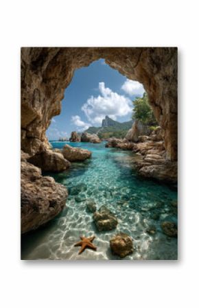 Beautiful clear turquoise waters and starfish in rocky cave with mountain view and blue sky