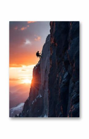 Silhouetted climber ascends jagged cliff at sunset in a dramatic wide shot.  