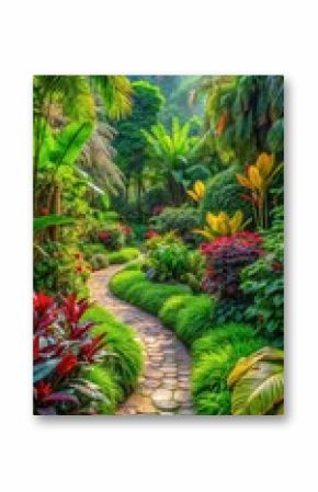 Dense foliage in a vibrant green landscape with exotic plants and trees amidst a colorful stone pathway