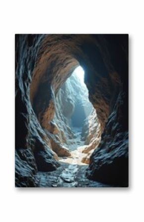Dramatic underground cave passage with light illuminating the exit tunnel, textured rock walls, geological formations, and pathway floor