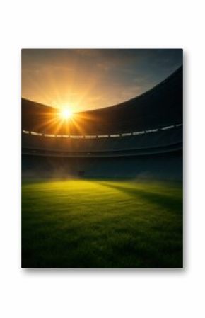 Sunrise casting golden glow over empty stadium field with dramatic architectural silhouette