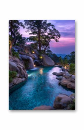 Beautiful swimming pool making like a river on the top of mountain , twilight.