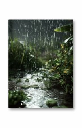 Raindrops Falling On Lush Green Plants in a Waterlogged Garden