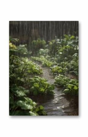 Lush garden plants under a heavy downpour with soil saturated by rainwater