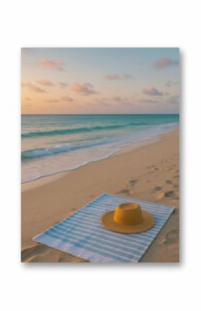 Beach hat lying on striped towel at sunset by ocean