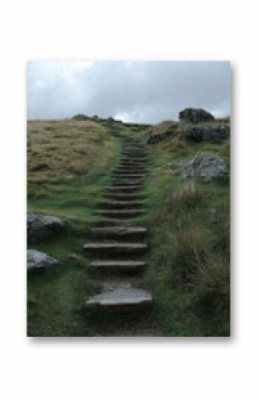 Photograph of wooden stairs leading up grassy hill, surrounded by rocks and cloudy sky, evokes sense of adventure and exploration