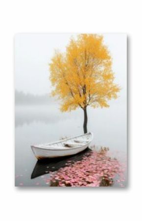 Misty lake, autumnal tree and boat