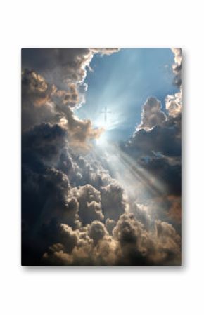 A radiant cross shines through dramatic clouds, evoking faith and spirituality.