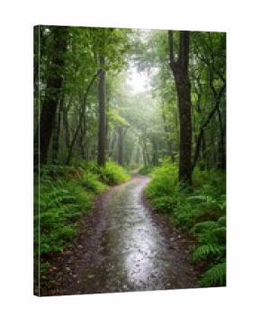 Misty forest path, rain
