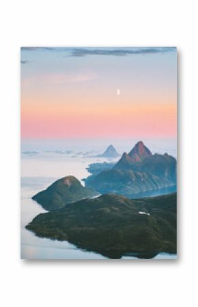 Aerial view Norway sunset landscape Helgeland islands and mountains travel Scandinavian destinations, beautiful places nature summer season epic midnight sun scenery