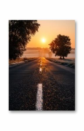 a long narrow country road stretching into the distance,  low sun rising directly at the end of the road