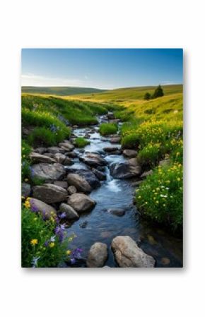 Beautiful landscape of a flowing river, bordered by a field of vivid wildflowers and rolling green hills