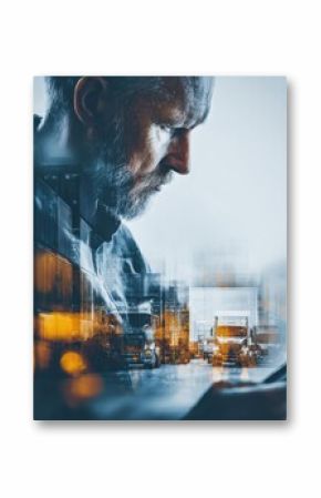 double exposure of a supply chain manager analyzing logistics data overlaid with images of shipping containers and cargo trucks