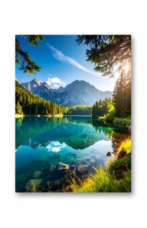 Serene alpine lake at sunrise